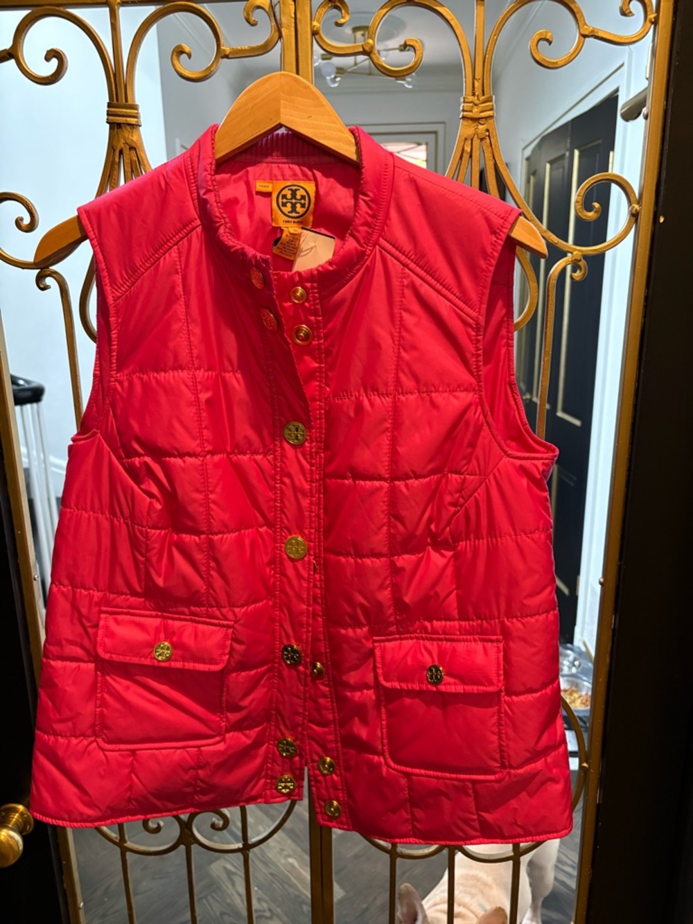 Tory Burch Hot Pink Quilted gold  Logo-Button Vest size large light weight
